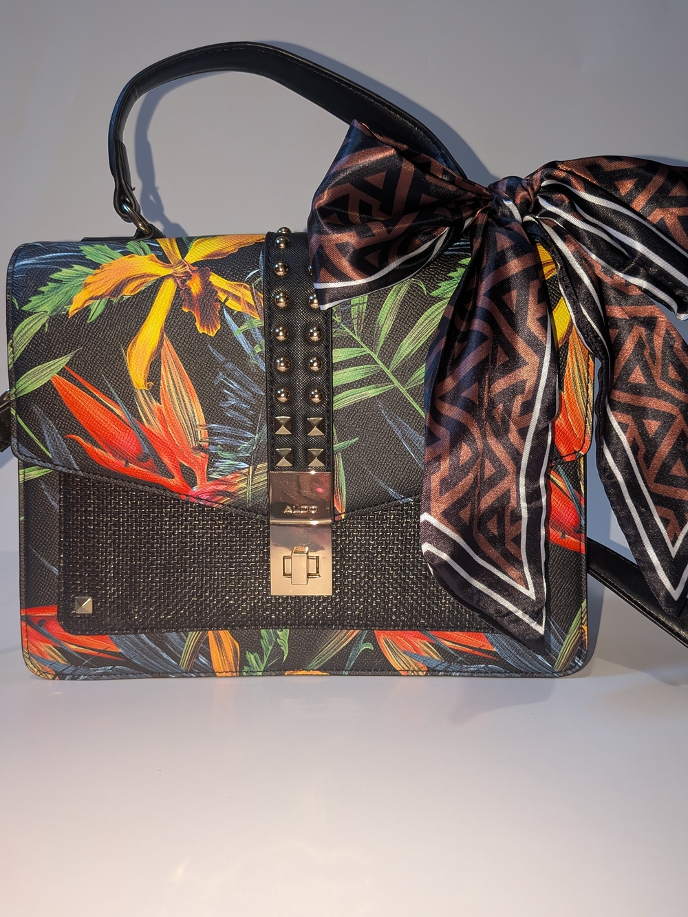 Aldo Tropical Floral Black Top-Handle Bag with Scarf